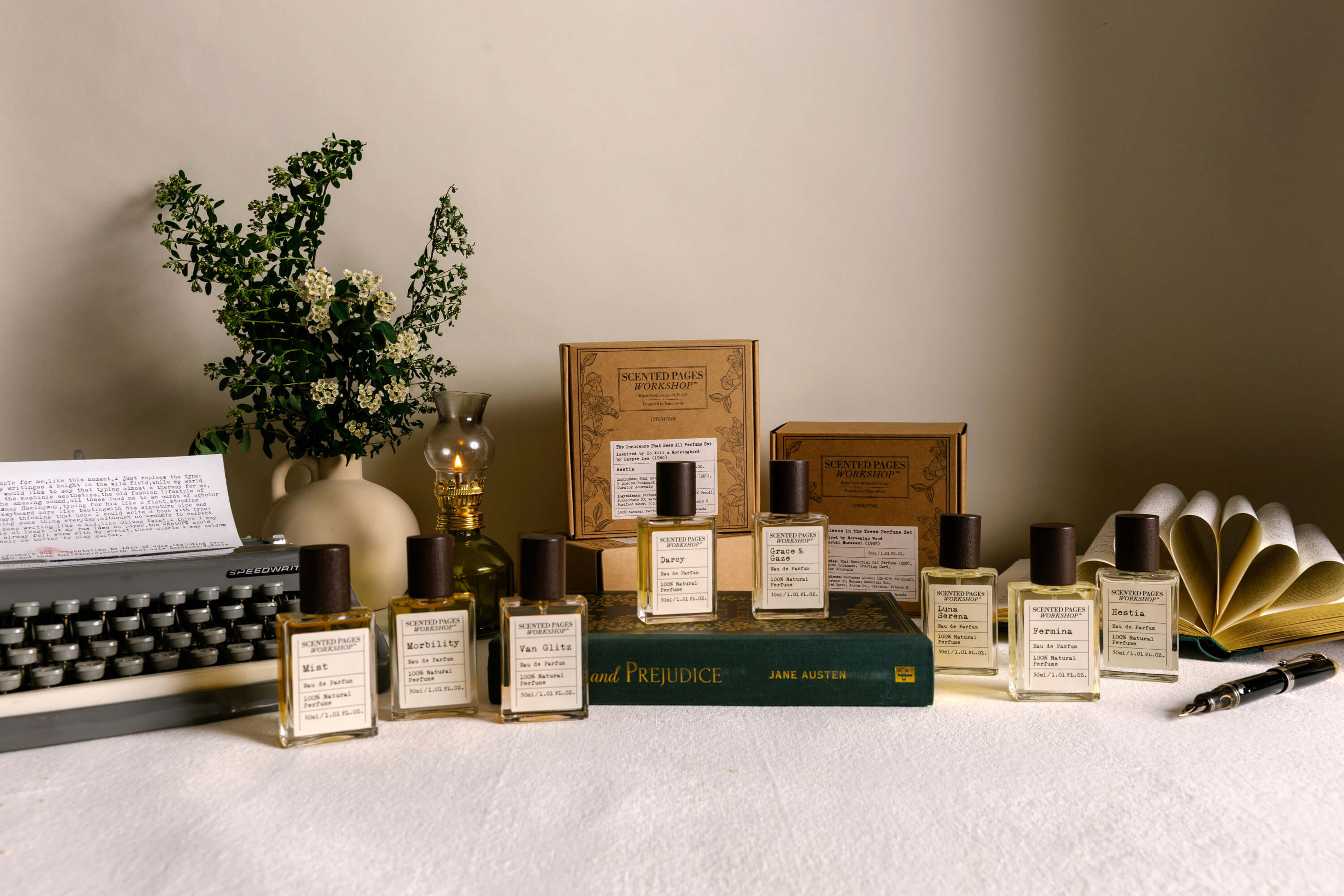 Literature-inspired perfume set by Scented Pages Workshop, featuring eau de parfum bottles with vintage writing accents.
